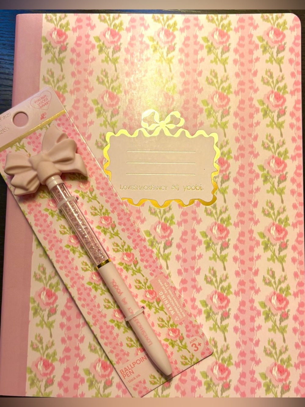 LoveShackFancy x Target Pink Floral Notebook with Bow Top Ballpoint Pen bundle